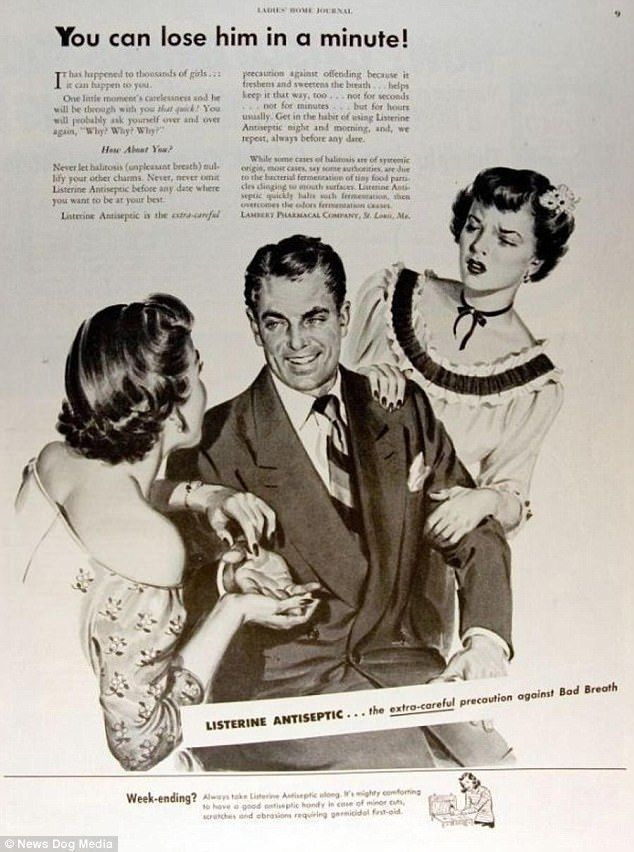 한편, 리스테린에 대한 이 1950w 광고는 다음과 같이 스핀스터후드를 위협합니다.