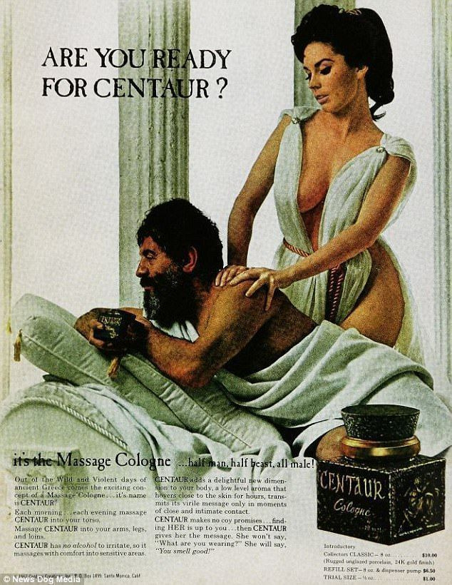 Centaur라는 향수에 대한 이 광고는 암시적으로 마사지를 하는 여성을 보여줍니다.