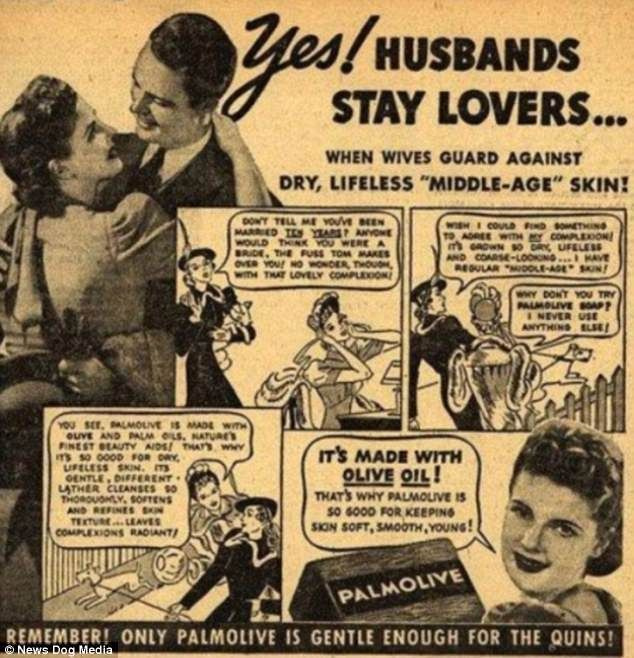 이 1940년대 Palmolive 광고는 한 여성이 훌륭한 피부로 남편을 연인으로 유지하는 방법을 보여줍니다.