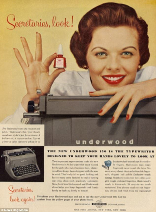 타자기에 대한 이 1950년대 광고는 비서들의 손이 계속 될 것이라고 주장합니다.