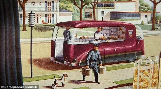 1940년대의 또 다른 스냅은 음식 배달 서비스가 어떤 모습일 것이라고 믿었는지 보여줍니다. 차 안에 셰프가 등장한 다음 기성품 음식과 함께 문 앞에 나타났습니다.