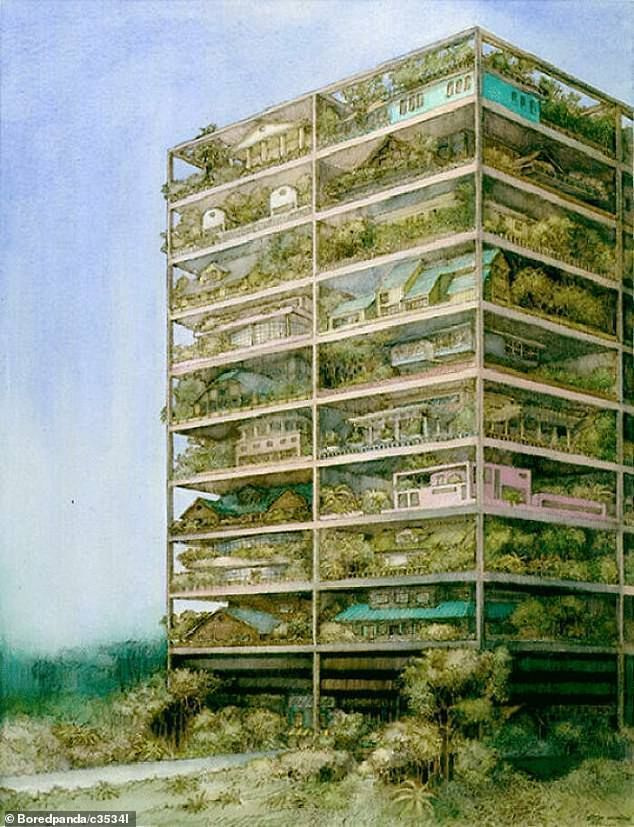 1981년, 한 사람은 공간 부족으로 인해 교외 지역에 일어날 수 있는 일에 대한 독특한 비전을 만들어 아파트처럼 겹겹이 쌓인 정원과 풀 하우스를 보여줍니다.