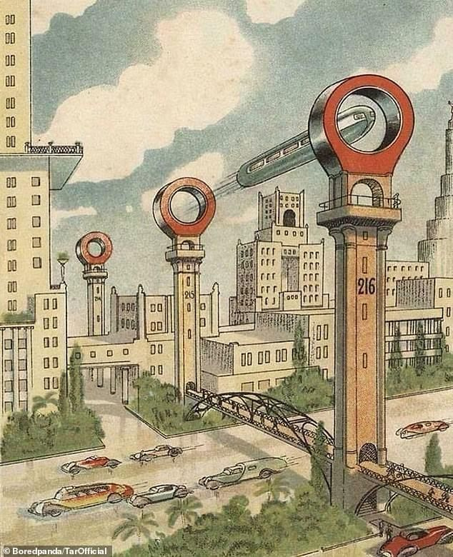 1930년대에 소련이 디자인한 또 다른 운송 사진은 사람들이 떠다니는 기차처럼 보이는 것을 타고 하늘을 날 것이라고 예측했습니다.