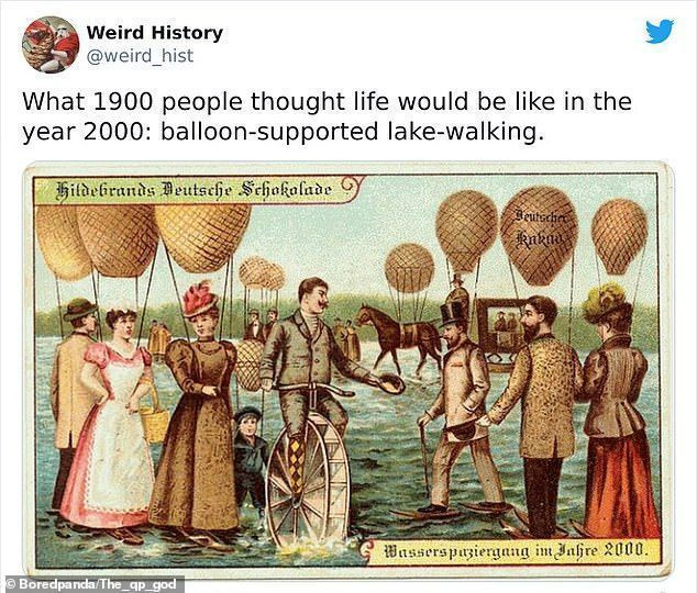 전 세계의 사람들이 미래의 발명품을 공유했는데, 여기에는 1900년의 사람들이 포함되어 2000년까지 사람들이 풍선을 사용하여 호수 위를 걸을 것이라고 예측한 1900년의 사람들이 포함되었습니다(사진).