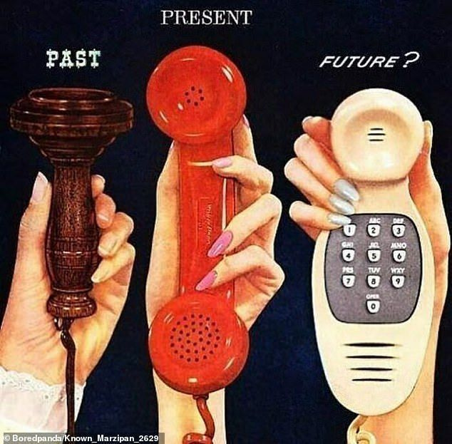 1956년 사람들은 휴대폰의 미래가 어떨지 예측하고 스마트폰보다 기술에 약간 덜 정통한 땅딸막한 핸드헬드 유선 전화를 생각해 냈습니다.