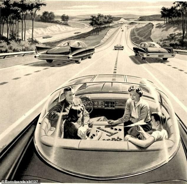 1960년의 또 다른 스냅은 사람들이 넓은 자율주행차를 운전하면서 여행 중에 보드 게임을 즐길 수 있을 것이라고 예측했습니다.