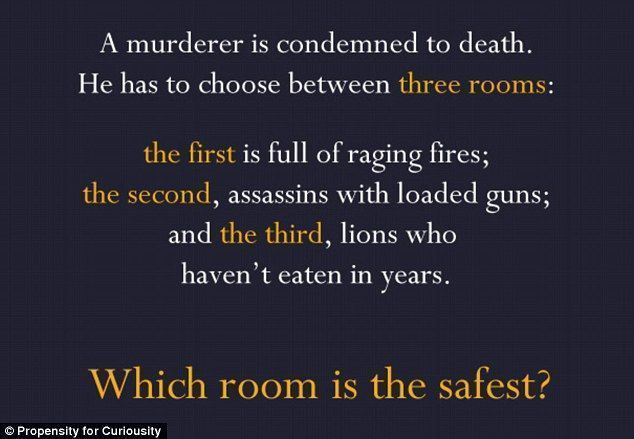 수수께끼 3: 맹렬한 불로 가득 찬 방, 장전된 총을 든 암살자가 있는 방, 도망치지 못한 사자가 있는 방 중 어느 방이 가장 안전한지