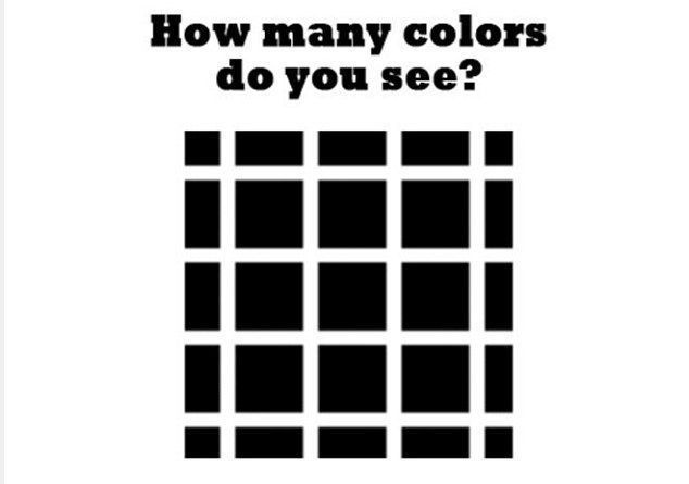 세 번째 퍼즐에서, 두뇌 티저 boffs는 25개의 검은색 사각형과 그 사이에 공백이 있는 이미지를 제공하고 얼마나 많은 색상을 볼 수 있는지 묻습니다.