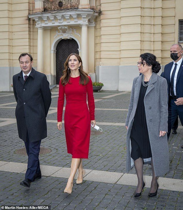 Mary는 2021년 10월 리투아니아를 공식 방문했을 때 빨간 Dolce & Gabbana 드레스를 입고 미끄러졌습니다.