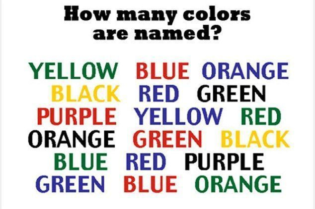 Вторият пъзел показва списък с цветове, написани в пет различни цвята. Думите не отговарят на цвета, в който са написани, например