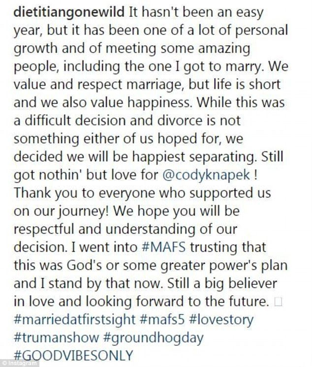 Sõnum: 30-aastane Danielle teatas teisipäeval Instagramis lahkuminekust, vaid kolm nädalat pärast seda, kui soovis 26-aastasele Codyle head esimest aastapäeva