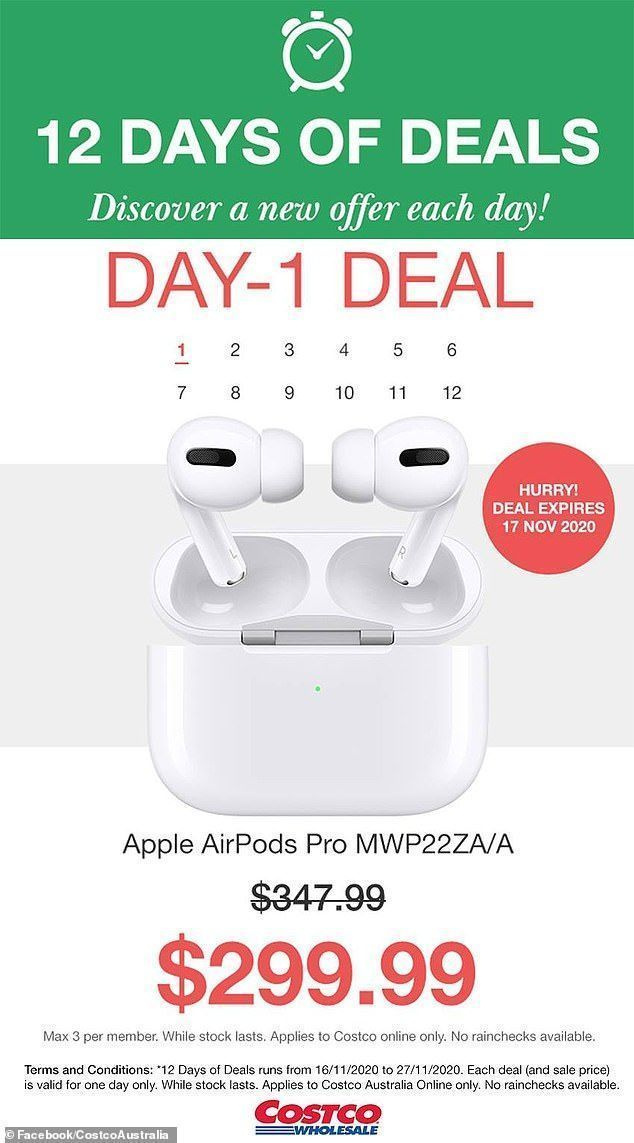 할인 첫날에 소매업체는 회원들에게 Apple AirPods에서 50달러 할인을 제공하여 가격을 299달러로 낮췄습니다.