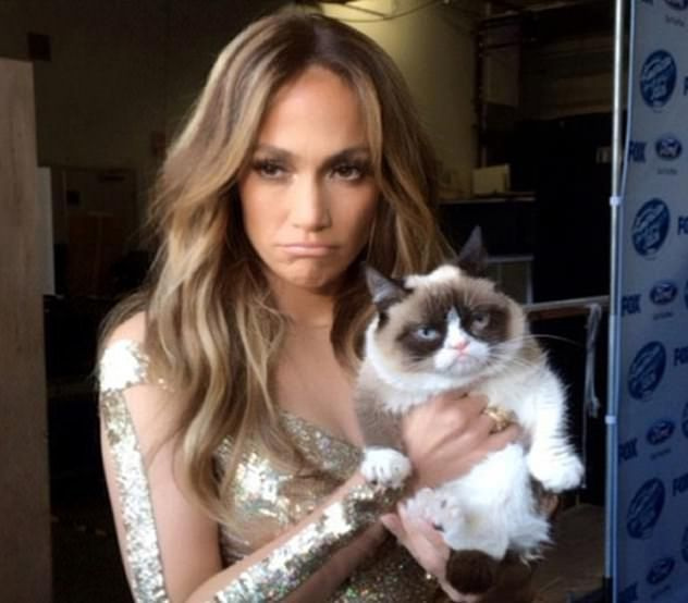 높은 곳에 있는 친구들! 2014년 4월 American Idol에서 Jennifer Lopez와 함께 무대 뒤에서 Grumpy Cat