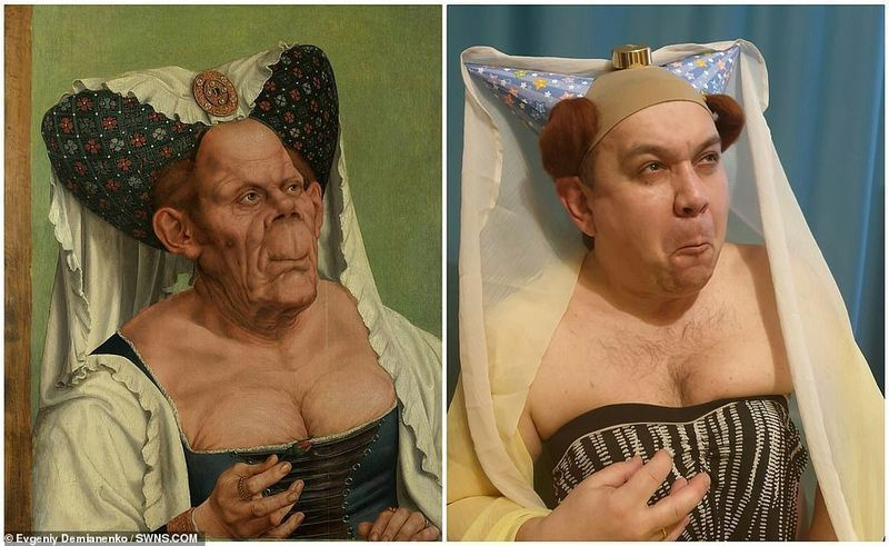 Jevgeni Demianenko (paremal) kasutas kardinaid ja peomütse, et poseerida Quentin Matsyse inetu hertsoginna (paremal) rollis, mis pärineb aastast 1513