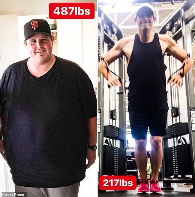 See postitus näitab Dustinit, kui ta kaalus 487 naela, olles alustanud oma kaalulangetamise teekonda ja kui ta oli kaalu langetanud 217 naela.
