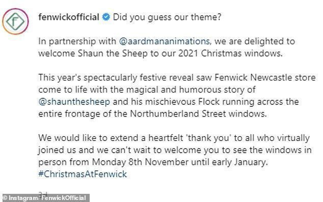 Fenwick kiitti Instagramissa faneja siitä, että he olivat katsomassa heidän teemaisten jouluikkunoidensa virtuaalista paljastusta.